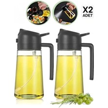 2'li Çift Fonksiyonlu Cam Yağdanlık 450ML Zeytinyağı Sıvıyağ Şişesi Airfryer Sprey Yağlık Sirkelik