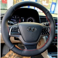 Dikişli Direksiyon Kılıfı Siyah Deri Noktalı Deri Kırmızı Dikişli Hyundai Elentra (Fotodaki) Için
