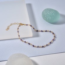 14 Ayar Altın Kaplama Amethyst  Doğal Taşlı  El Yapımı Gümüş Bileklik - CBS00122
