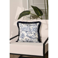 Toile Desen Lacivert Saçaklı Kadife Kırlent Kılıfı – 43X43 cm