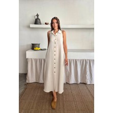 Arben Boutique Keten Önden Düğmeli Kolsuz Gömlek Yaka Elbise - Beyaz