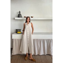 Arben Boutique Keten Önden Düğmeli Kolsuz Gömlek Yaka Elbise - Beyaz