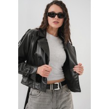 Gökyüzü Moda Kemerli Suni Deri Ceket 1046 - Siyah