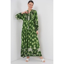 Arben Boutique 2423 Otantik Desenli Tesettür Elbise - Yeşil 6