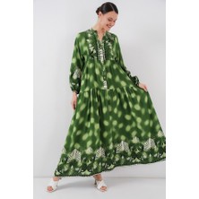 Arben Boutique 2423 Otantik Desenli Tesettür Elbise - Yeşil 6