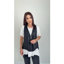 Gökyüzü Moda Kadın Kısa Kollu Yuvarlak Yaka Viskon Bluz + Kolsuz Fermuarlı Çatlak Deri Yelek