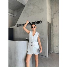 Arben Boutique Keten Yelek - Şort Takım - Beyaz