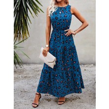 Arben Boutique Kadın Kolsuz Bisiklet Yaka Beli Lastikli Desenli Süprem Elbise