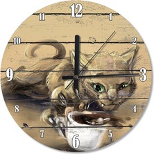 30 cm Çap Kahve Içen Kedi Sessiz Duvar Saati