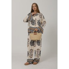 Arben Boutique Desenli Kolları Volanlı Pantolon Takım - Antrasit