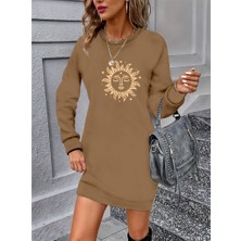 Arben Boutique Kadın Uzun Kollu Bisiklet Yaka Güneş Desenli Viskon Iki Iplik Elbise