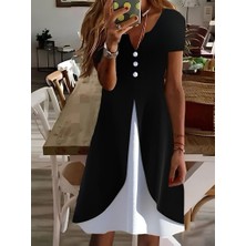 Arben Boutique Kadın Kısa Kollu V Yakalı Önden Düğmeli Çift Renkli Viskon Elbise