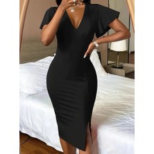 Arben Boutique Kadın Kısa Kollu Derin Dekolte V Yakalı Yırtmaçlı Midi Janjan Krep Elbise