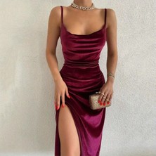 Arben Boutique Kadın Askılı Degaje Yakalı Yırtmaçlı Kadife Midi Elbise
