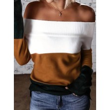 Arben Boutique Kadın Uzun Kollu Omuzlardan Açık Uzun Kollu Blok Çizgili Triko Bluz
