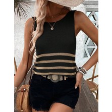 Arben Boutique Kadın Sıfır Kol Yuvarlak Yaka Şerit Detay Triko Bluz