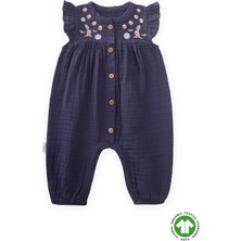 Organik Nakışlı Müslin Tulum 0-3 Yaş Lacivert