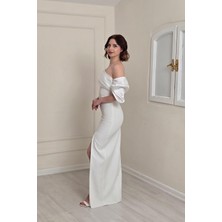 Beyaz Asimetrik Krep Elbise 6589