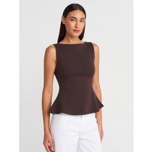 21001 Kayık Yaka Peplum Top-Koyu Kahve
