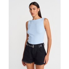 10764 Kayık Yaka Fitilli Triko Bluz-Mavi