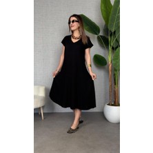 Arben Boutique Kadın Kısa Kollu V Yaka Salaş Maxi Boy Elbise
