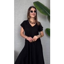 Arben Boutique Kadın Kısa Kollu V Yaka Salaş Maxi Boy Elbise