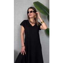 Arben Boutique Kadın Kısa Kollu V Yaka Salaş Maxi Boy Elbise