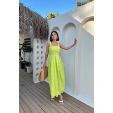 Arben Boutique Yağ Yeşili Askılı Aparatlı Brode Elbise