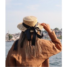 Uniquetrenders Kadın Siyah Organik Hasır Kurdeleli Gondol Şapka Trend Tasarım