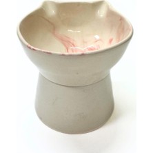 Kedi Figürlü Yüksek Seramik Mama ve Su Kabı– 400 Ml- Pembe Desen