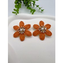 Taşlı Hasır Çiçek Küpe (Turuncu)