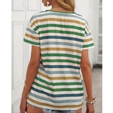 Arben Boutique Kadın Kısa Kollu V Yaka Çizgili Süprem T-Shirt