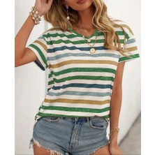 Arben Boutique Kadın Kısa Kollu V Yaka Çizgili Süprem T-Shirt