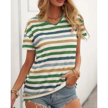 Arben Boutique Kadın Kısa Kollu V Yaka Çizgili Süprem T-Shirt