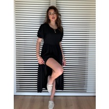Arben Boutique Kadın Kısa Kollu Yakası Açık Katlı Bürümcük Balon Elbise