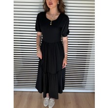 Arben Boutique Kadın Kısa Kollu Yakası Açık Katlı Bürümcük Balon Elbise