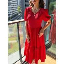 Arben Boutique Kadın Kısa Kollu Yakası Açık Katlı Bürümcük Balon Elbise