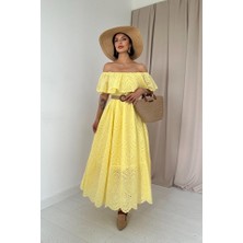 Arben Boutique Sarı Omzu Lastikli Brode Elbise