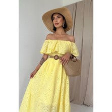 Arben Boutique Sarı Omzu Lastikli Brode Elbise