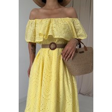 Arben Boutique Sarı Omzu Lastikli Brode Elbise