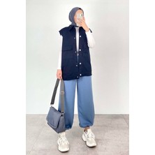 Lamelif Önü Çıtçıt Düğmeli Lacivert Yelek Kadın Rahat Stil Pamuk Polyester Kumaş