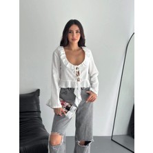 Arben Boutique Keten Uzun Kol Bağacık Detaylı Bluz - Beyaz