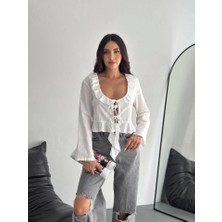 Arben Boutique Keten Uzun Kol Bağacık Detaylı Bluz - Beyaz