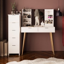 T4050 Bella 5+2 Çekmeceli Makyaj Masası Seti Beyaz – Takı Askılı, Fırçalık Kutu Raflı, Ahşap Ayaklı