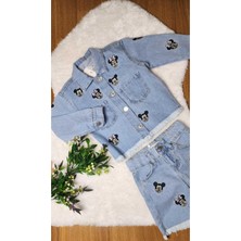 Vişne Işlemeli Ceketli Şortlu 2 Li Kot Takim. Açik Mavi. 3-10 Yaş