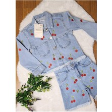 Vişne Işlemeli Ceketli Şortlu 2 Li Kot Takim. Açik Mavi. 3-10 Yaş