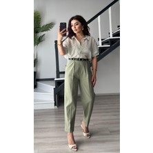 Yeşil Kemerli Keten Havuç Pantolon