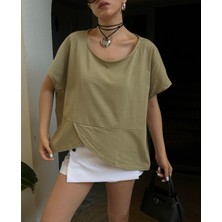 Kadın Küf Yeşili Arkası Modelli Tasarım Penye Bluz 29113