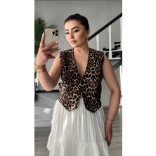 Premium Leopar Desen Düğmeli Yelek