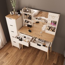 T4060 Bella 5+2 Çekmeceli Makyaj Masası Seti Kumtaşı Sepet – Raflı Ayna, Takı Askılı, Ahşap Ayaklı